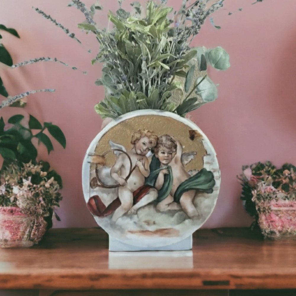 Exquisite Putti, Cherub and Angel Vase, Round Slab Handpainted Ethereal Theme